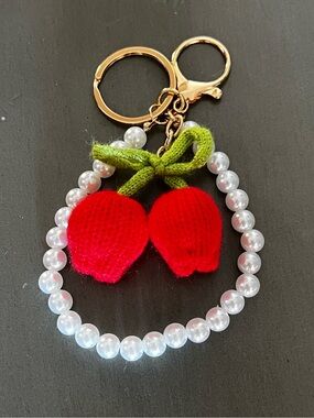 Cherry Red Tulip Flower Floral Crochet White Pearl Chain Gold 4.5” Bag Charm